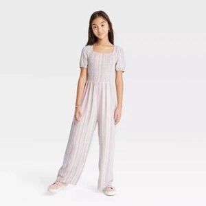 Striped Art Class Girl's Puff-Sleeve Smocked Jumpsuit Size 6/7